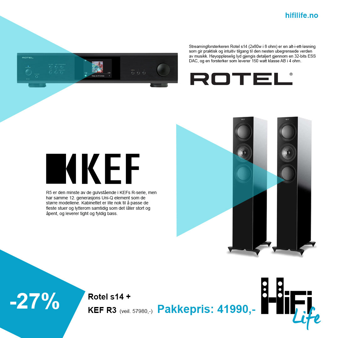 Kef R5 Gulvstående Høyttaler + Rotel S14 Integrert forsterker med streaming 2x80w