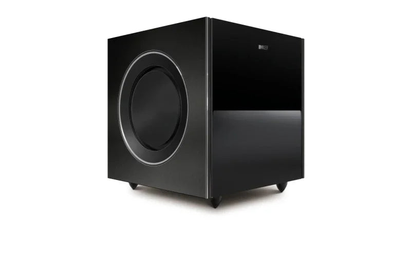 KEF subwoofer med svart design og rund høyttaler